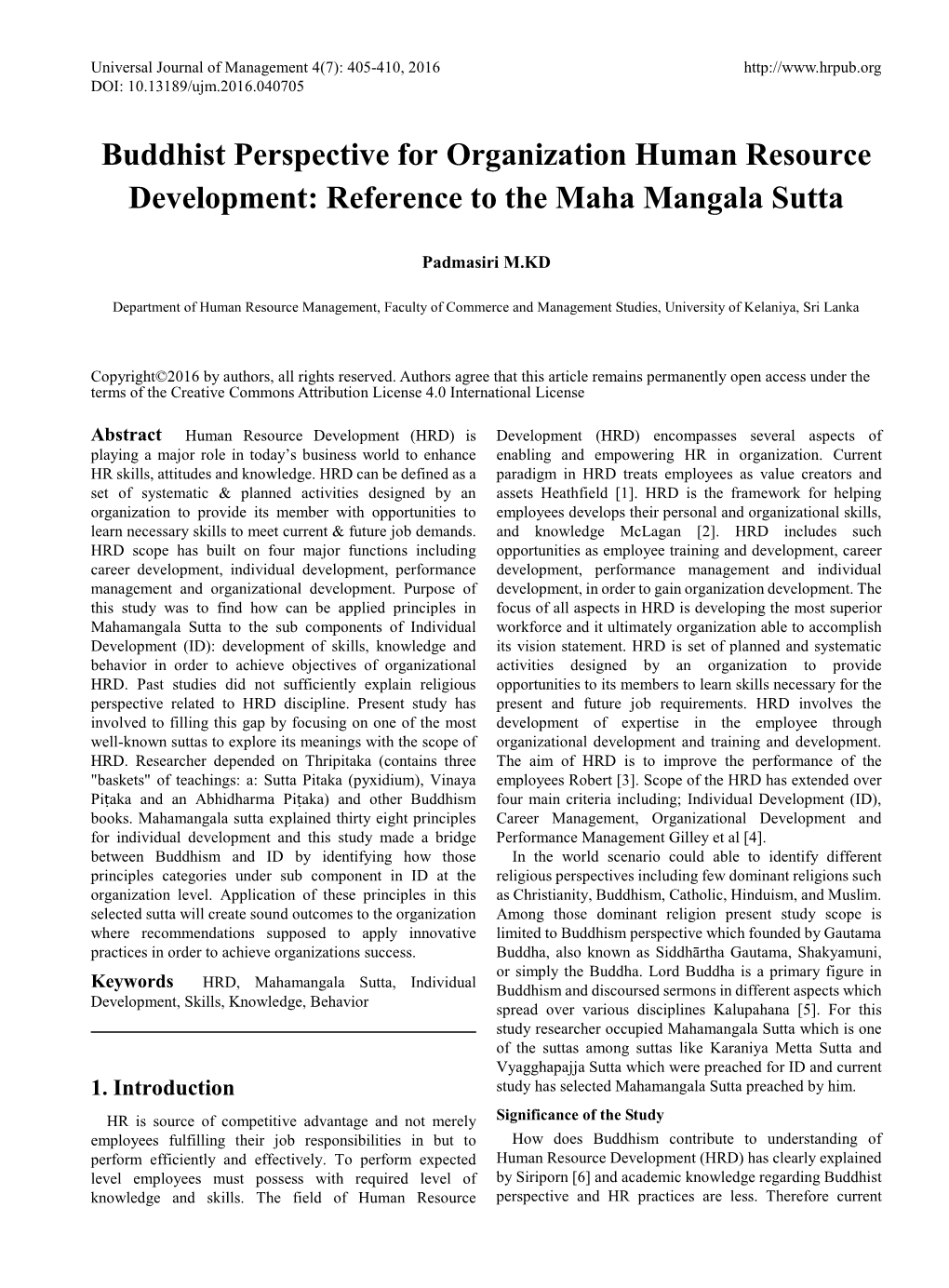 Buddhist Perspective for Organization Human Resource Development: Reference to the Maha Mangala Sutta