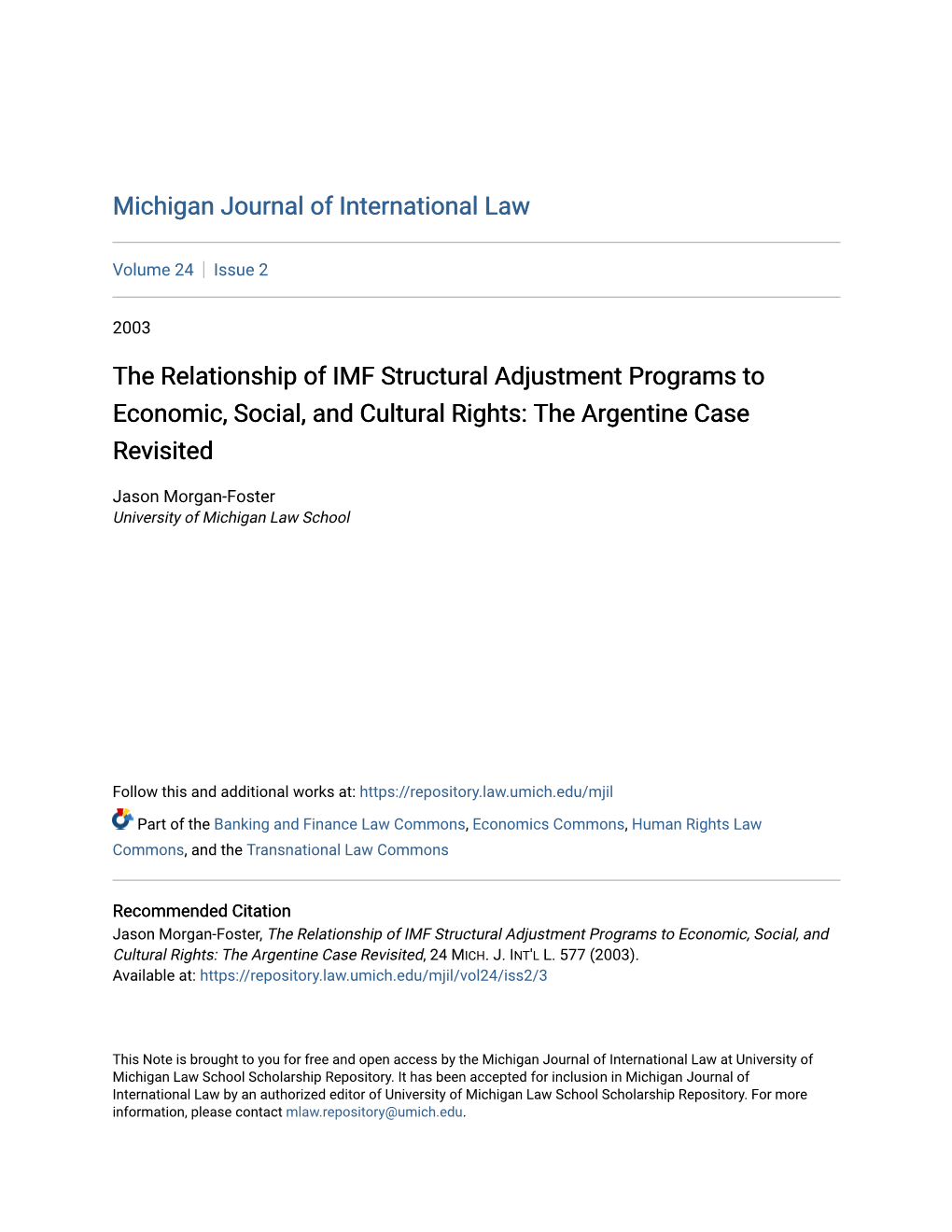 The Relationship of IMF Structural Adjustment Programs to Economic, Social, and Cultural Rights: the Argentine Case Revisited