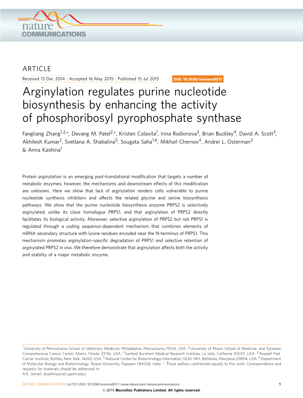 Arginylation Regulates Purine Nucleotide Biosynthesis by Enhancing the Activity of Phosphoribosyl Pyrophosphate Synthase