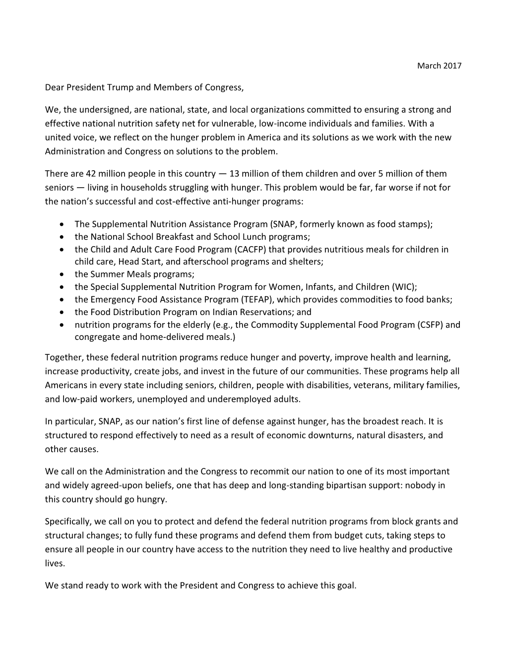 Dear President Trump and Members of Congress, We, the Undersigned, Are National, State, and Local Organizations Committed to En