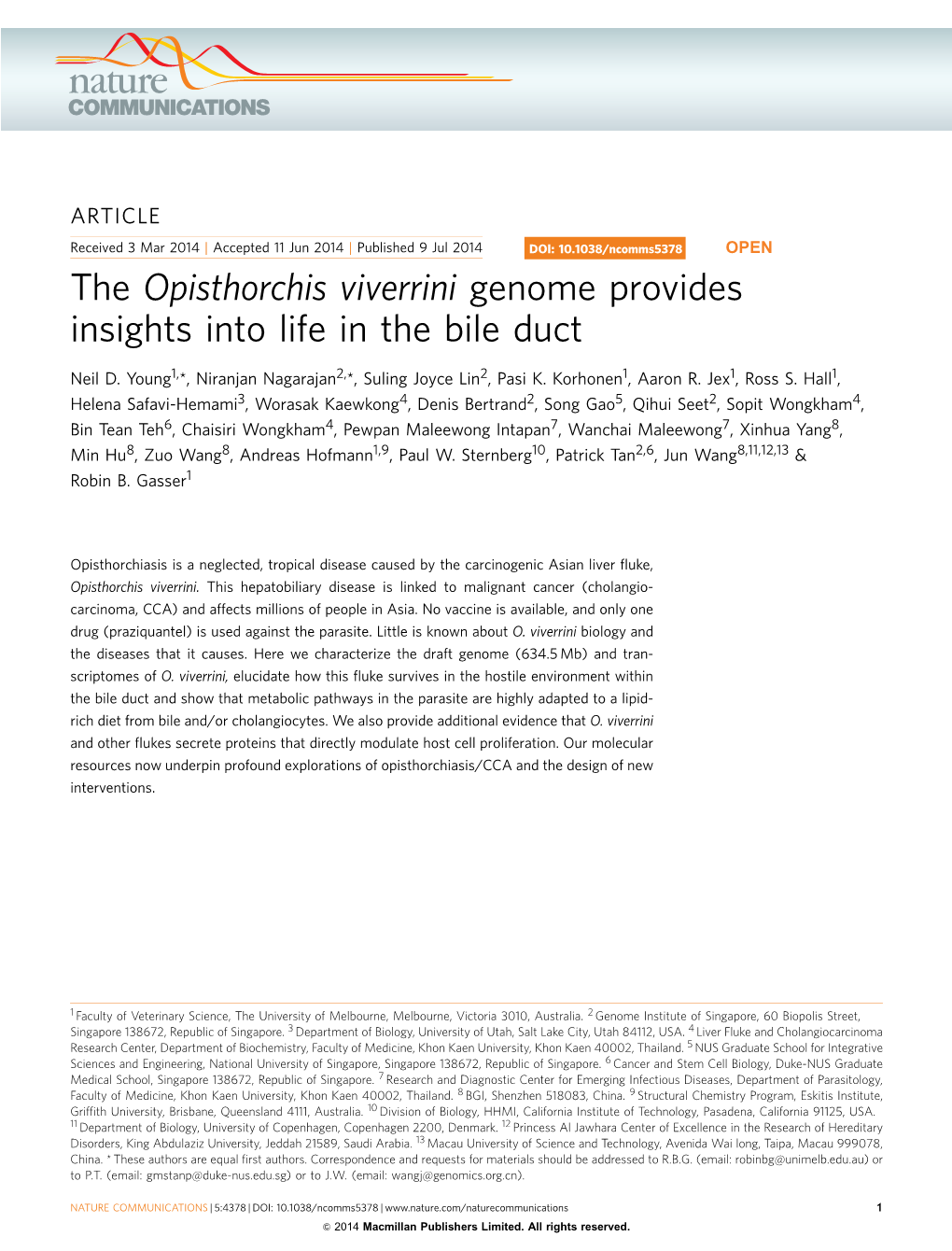 The Opisthorchis Viverrini Genome Provides Insights Into Life in the Bile Duct