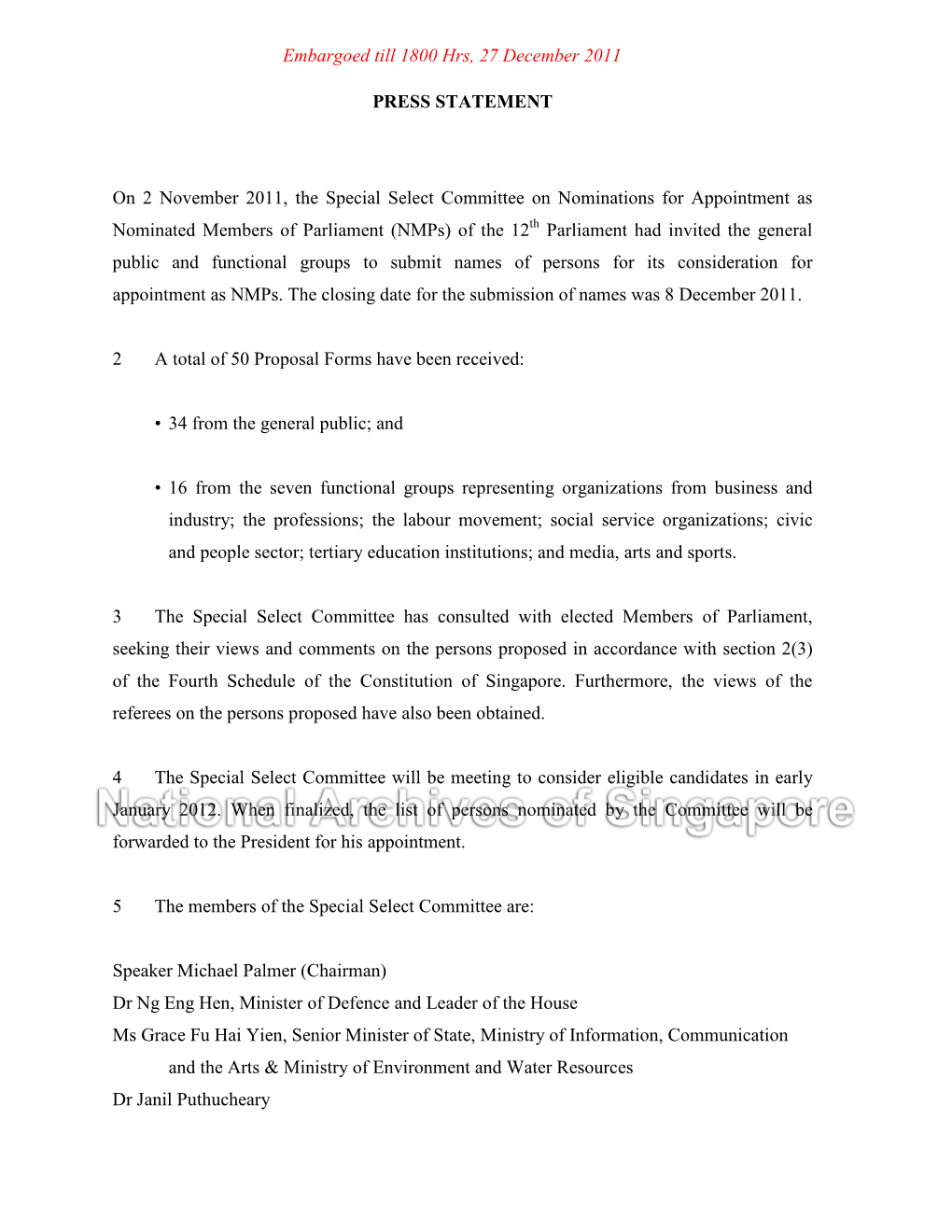 PRESS STATEMENT on 2 November 2011, the Special Select Committee