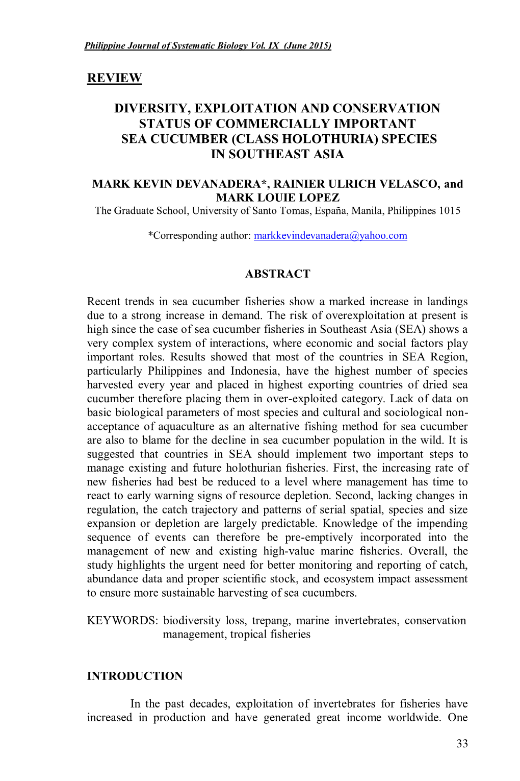 Review Diversity, Exploitation and Conservation Status Of