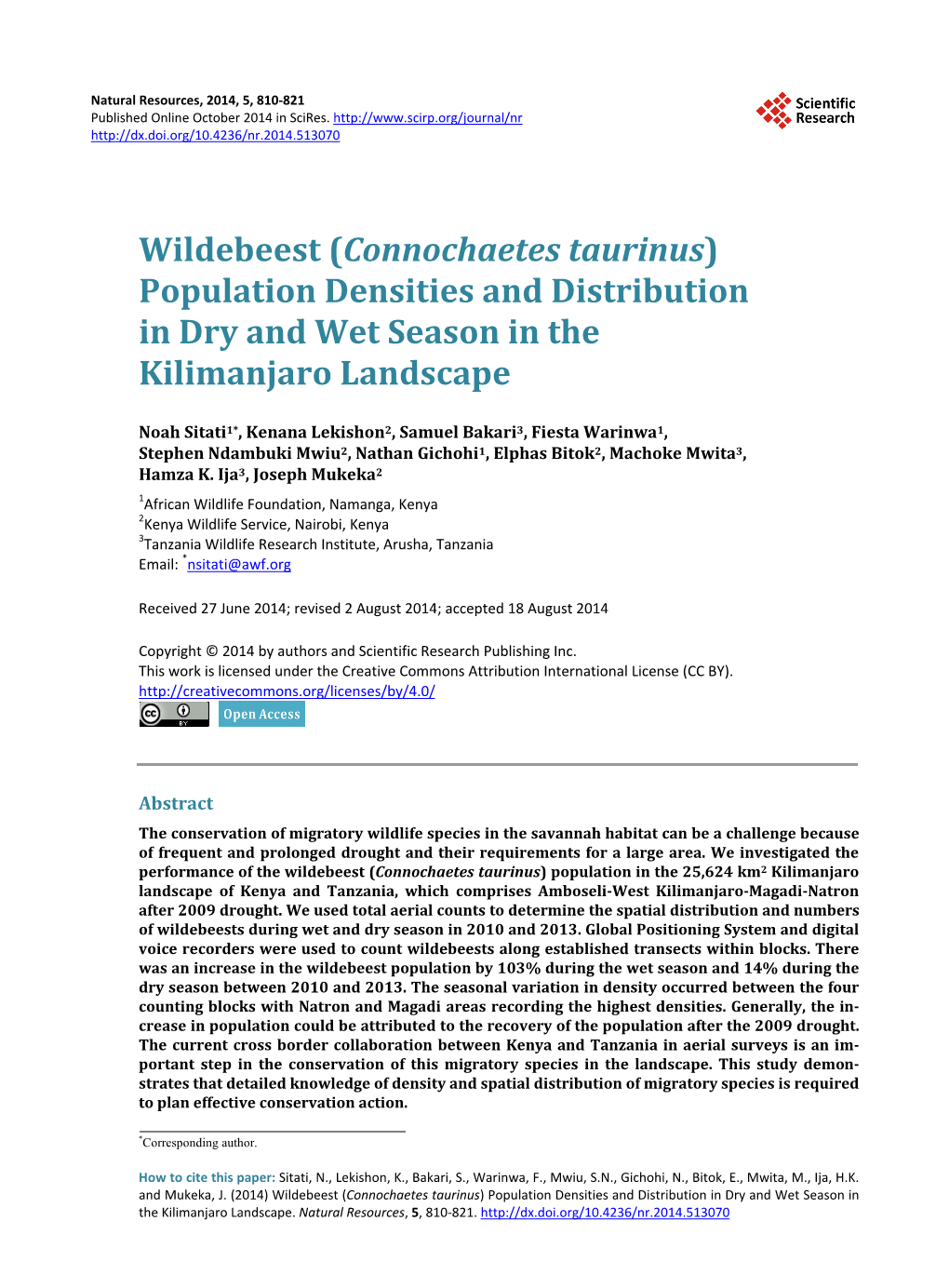 Wildebeest (Connochaetes Taurinus) Population Densities and Distribution in Dry and Wet Season in the Kilimanjaro Landscape