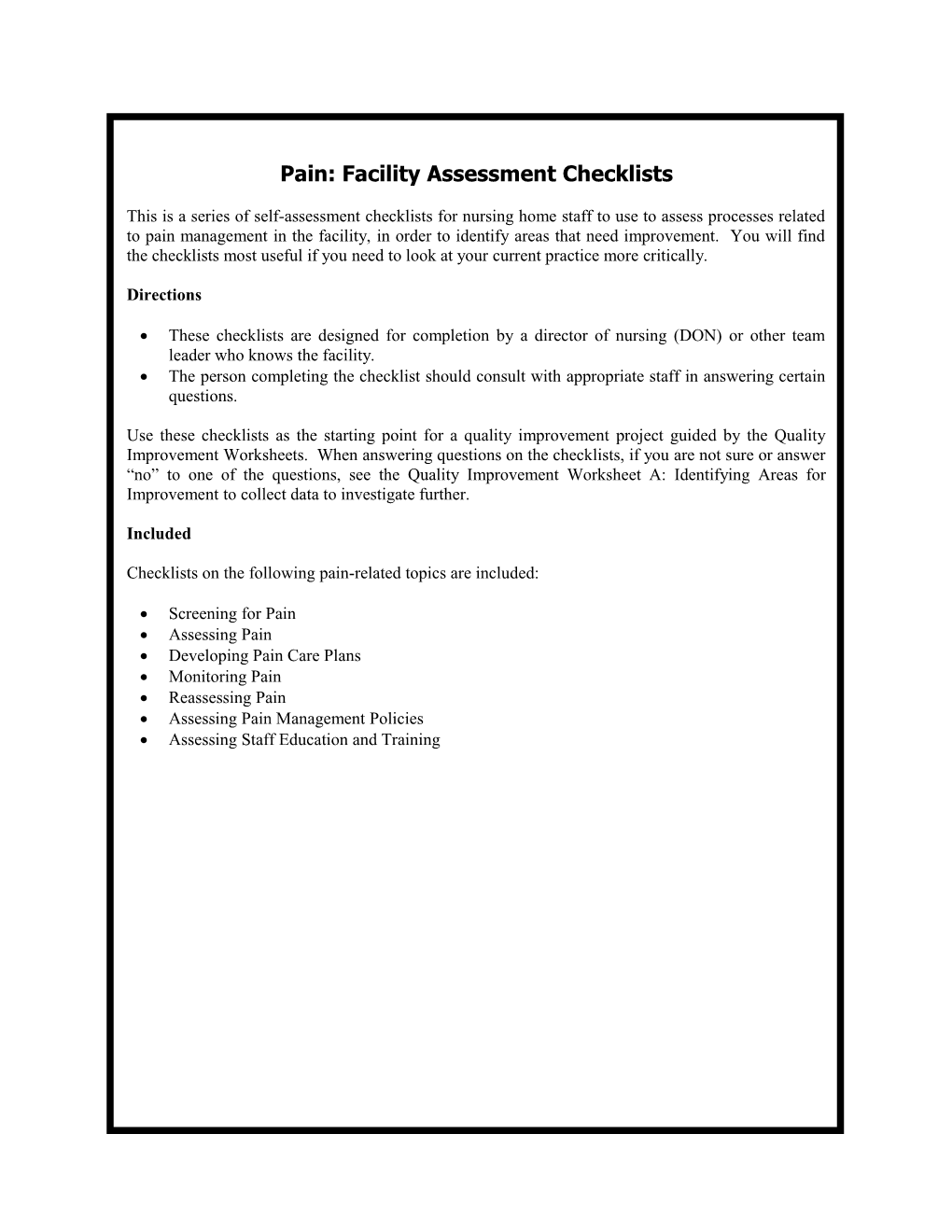 Pain: Facility Assessment Checklists