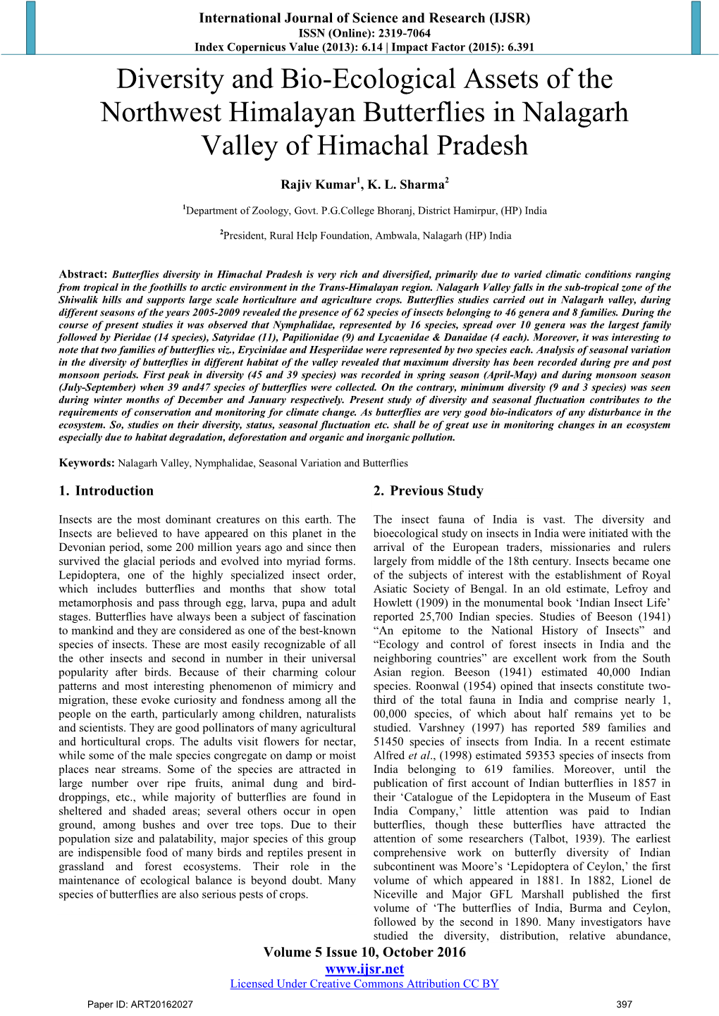 Diversity and Bio-Ecological Assets of the Northwest Himalayan Butterflies in Nalagarh Valley of Himachal Pradesh