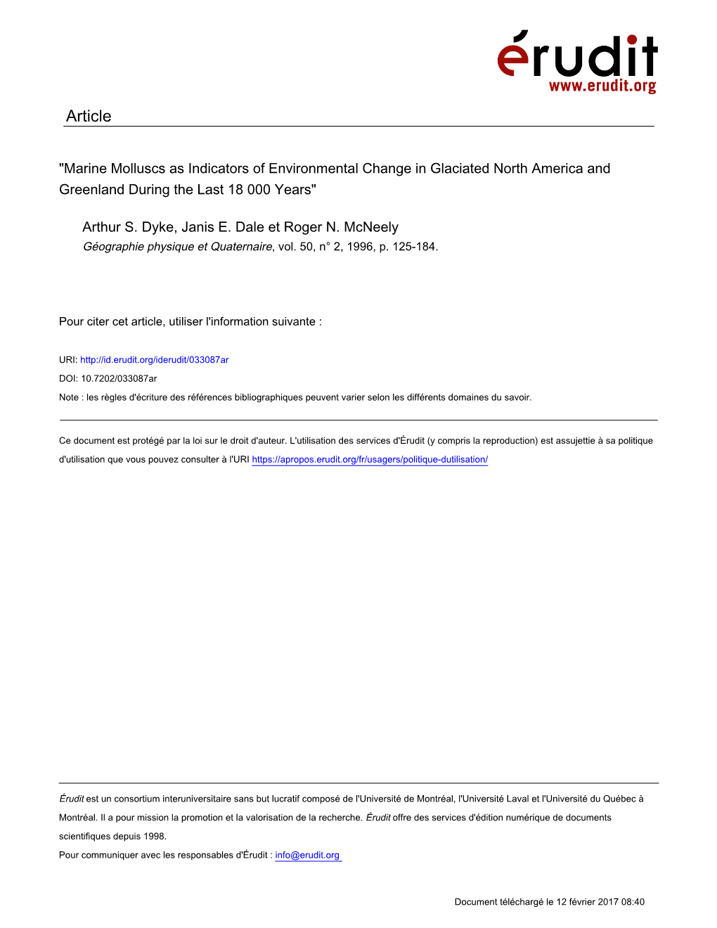 Marine Molluscs As Indicators of Environmental Change in Glaciated North America and Greenland During the Last 18 000 Years