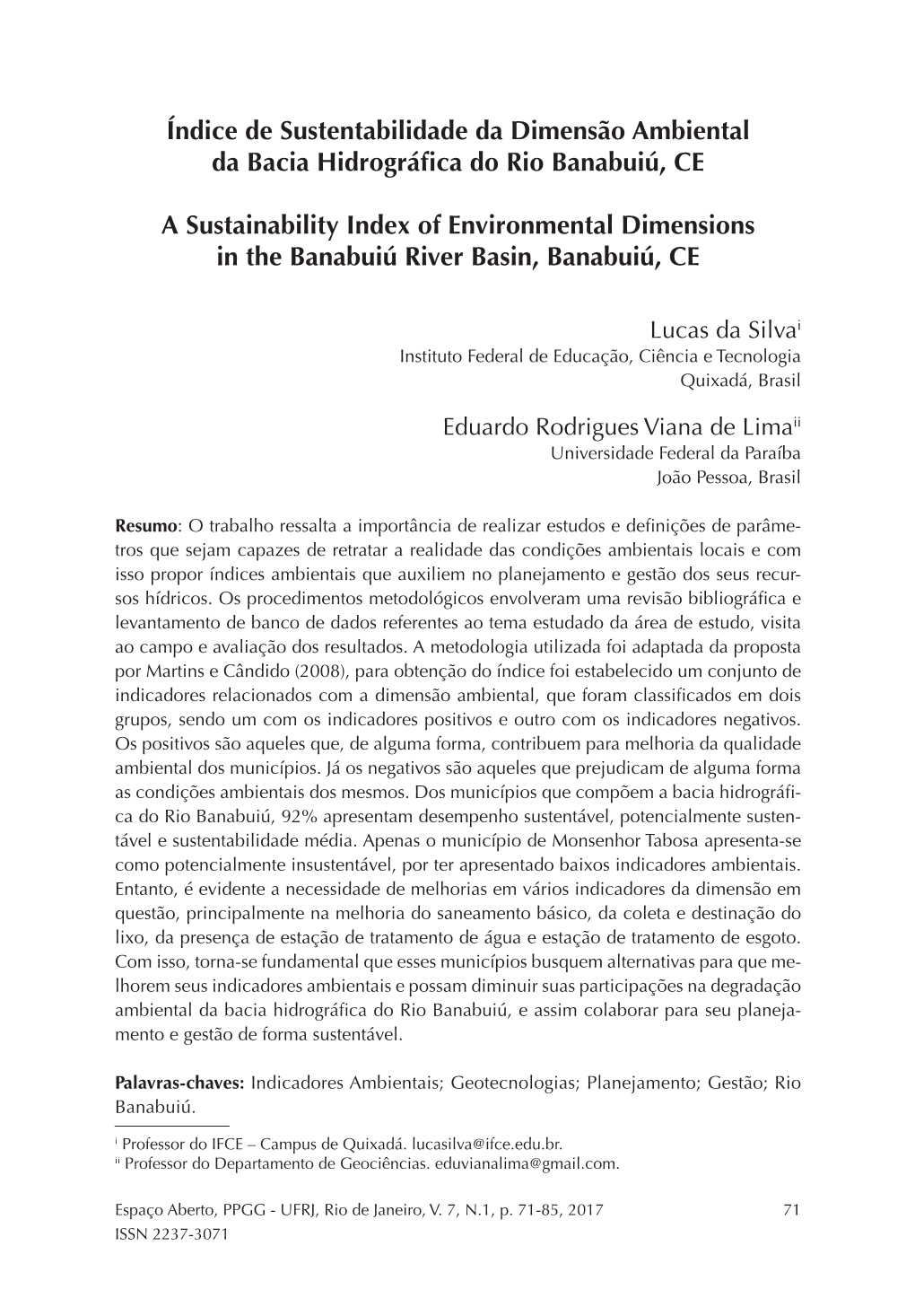 Índice De Sustentabilidade Da Dimensão Ambiental Da Bacia Hidrográfica Do Rio Banabuiú, CE