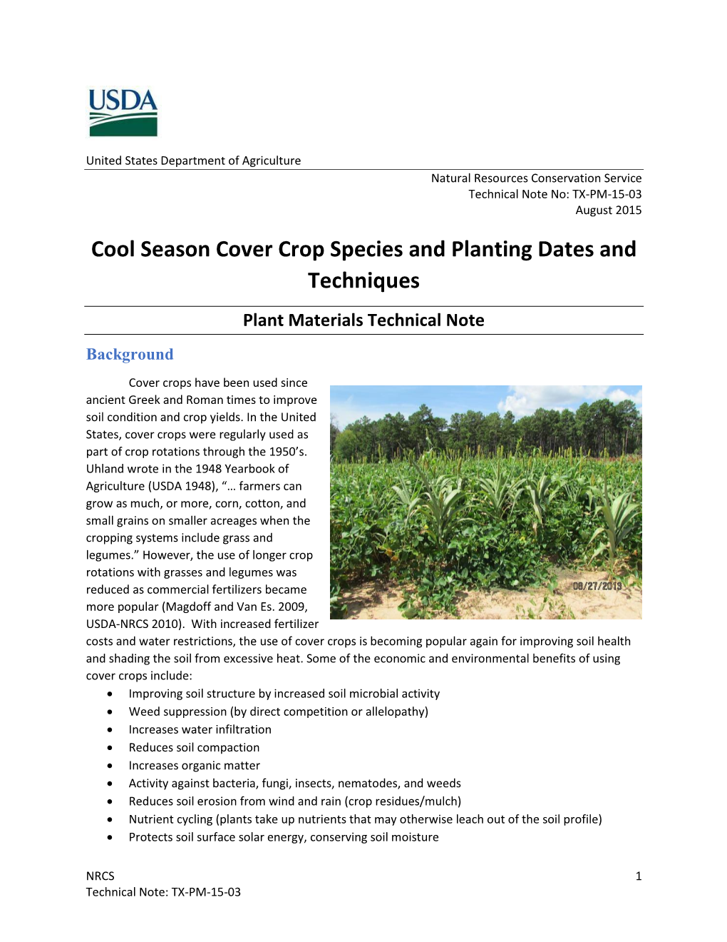 Cool Season Cover Crop Species and Planting Dates and Techniques Plant Materials Technical Note Background