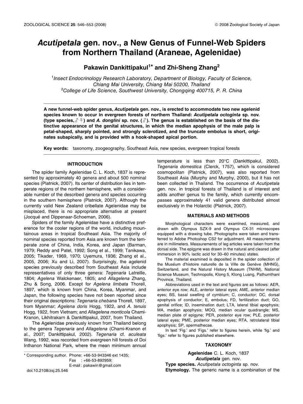 Acutipetala Gen. Nov., a New Genus of Funnel-Web Spiders from Northern Thailand (Araneae, Agelenidae)