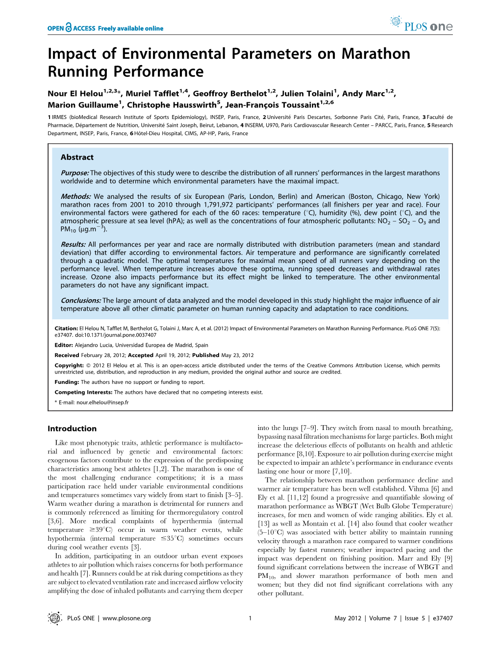 Impact of Environmental Parameters on Marathon Running Performance