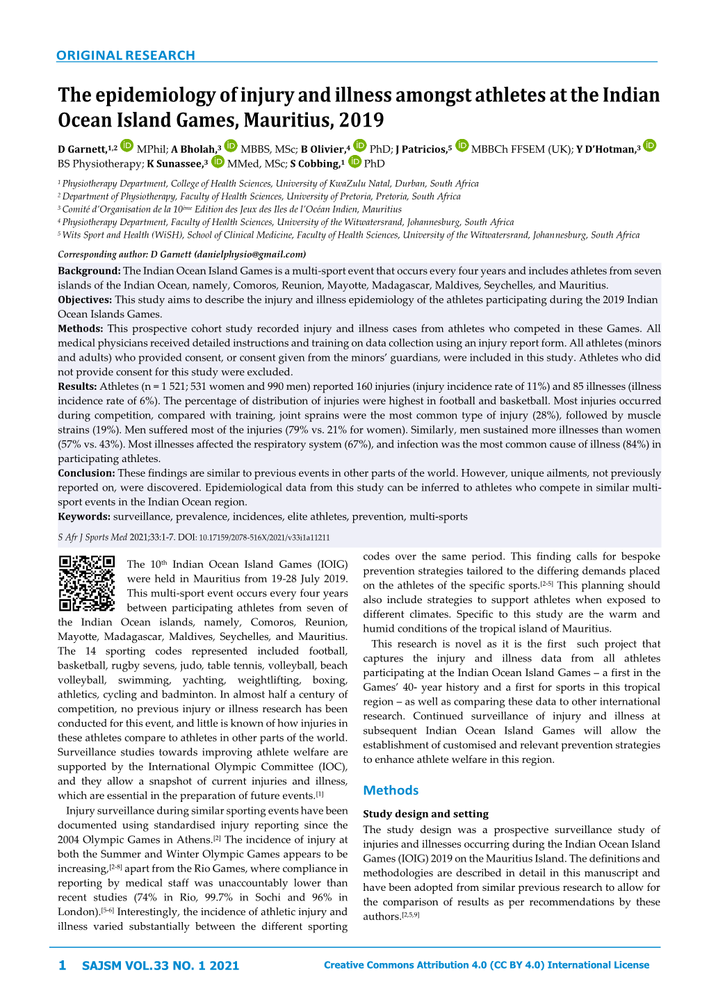 The Epidemiology of Injury and Illness Amongst Athletes at the Indian Ocean Island Games, Mauritius, 2019