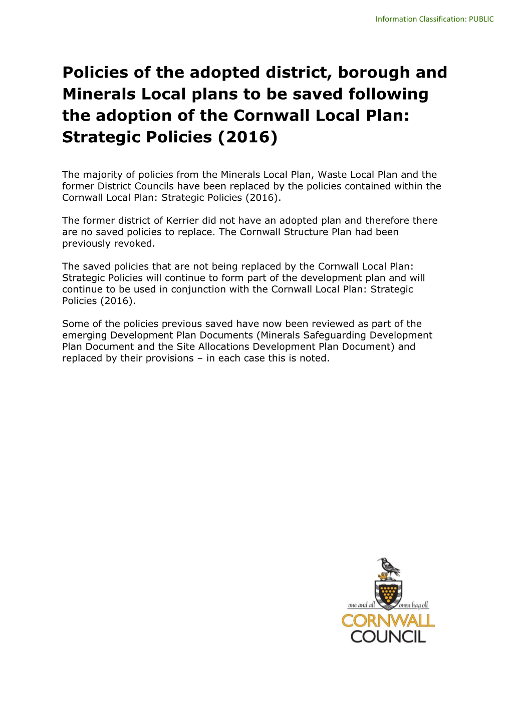 Cornwall Local Plan (2016) Saved Policies