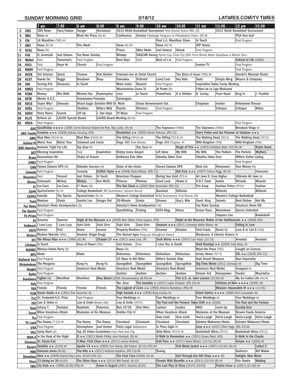 Sunday Morning Grid 3/18/12 Latimes.Com/Tv Times