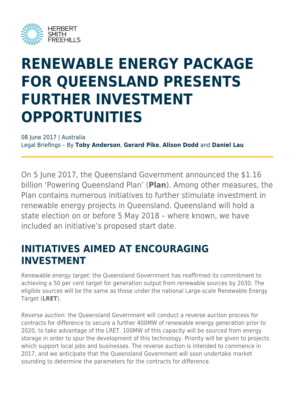 Renewable Energy Package for Queensland Presents Further Investment Opportunities