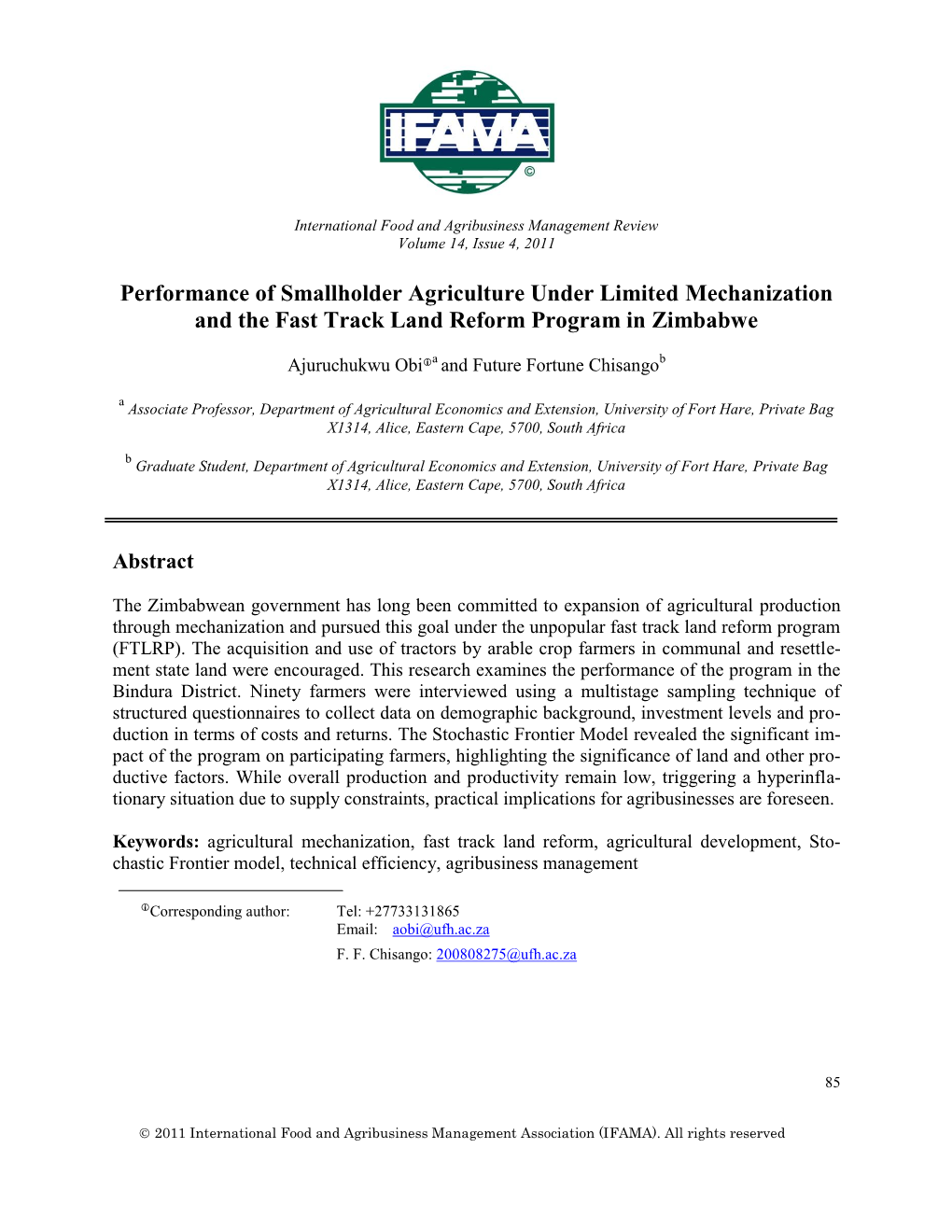 Performance of Smallholder Agriculture Under Limited Mechanization and the Fast Track Land Reform Program in Zimbabwe