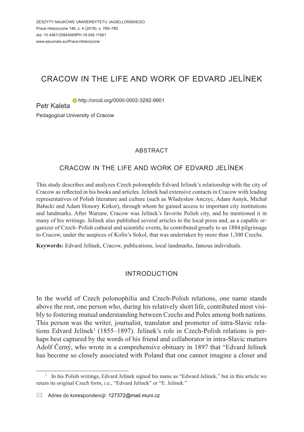 Cracow in the Life and Work of Edvard Jelínek