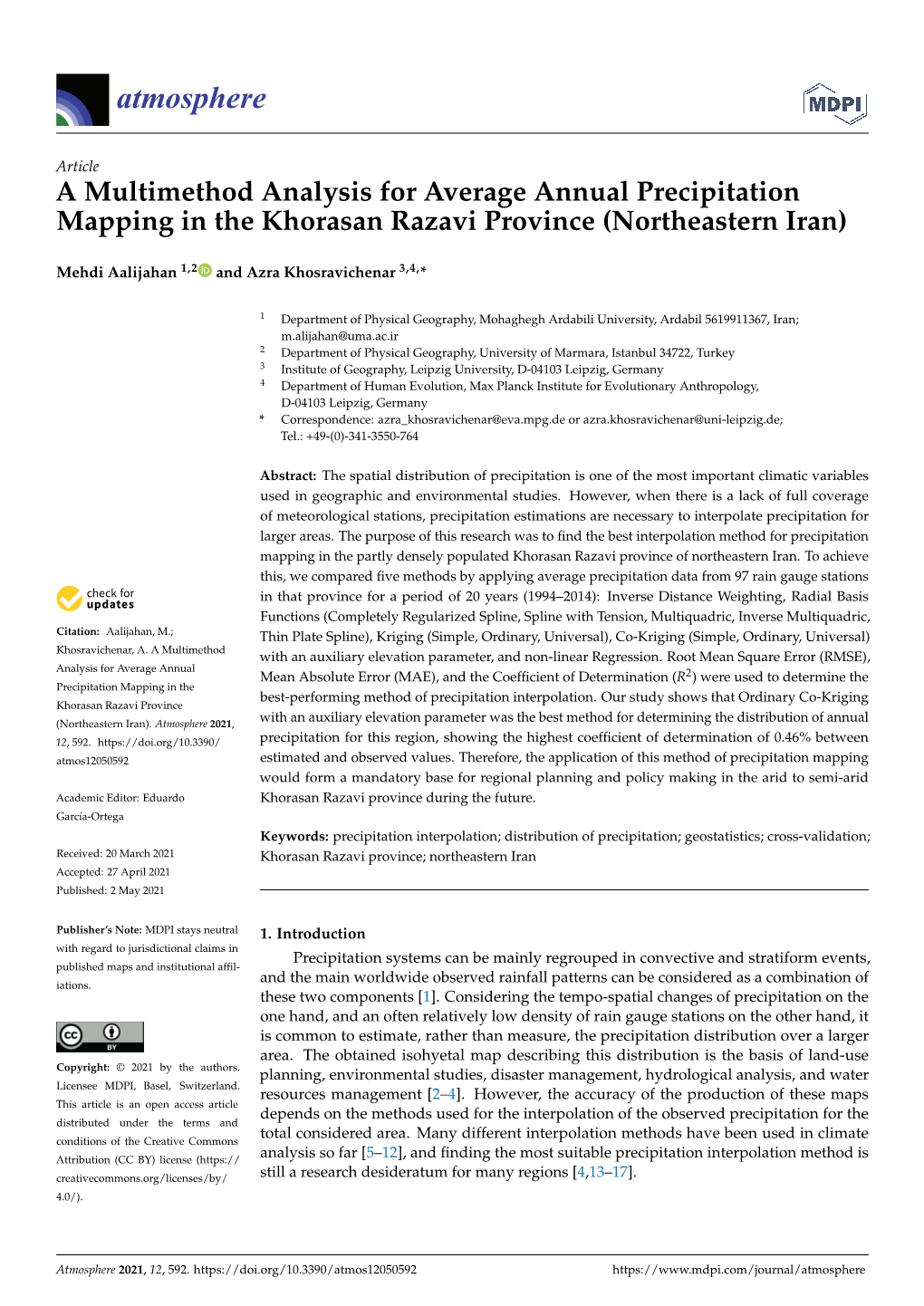 A Multimethod Analysis for Average Annual Precipitation Mapping in the Khorasan Razavi Province (Northeastern Iran)