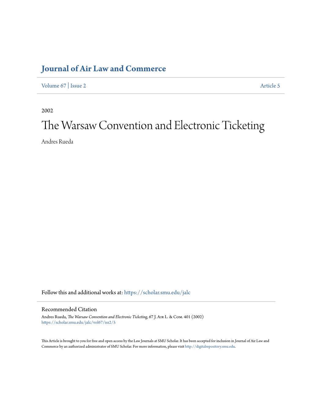 The Warsaw Convention and Electronic Ticketing, 67 J