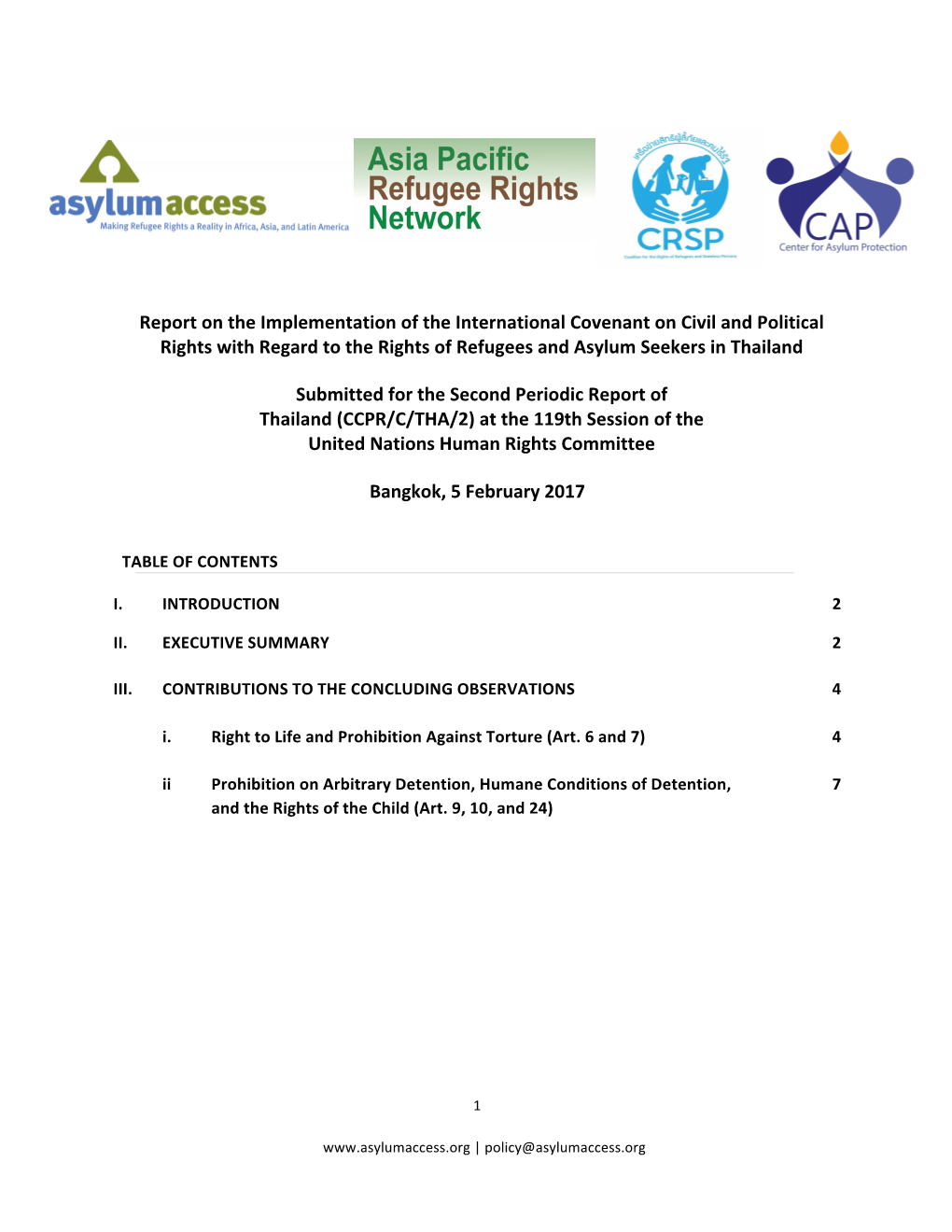 Report on the Implementation of the International Covenant on Civil and Political Rights with Regard to the Rights of Refugees and Asylum Seekers in Thailand