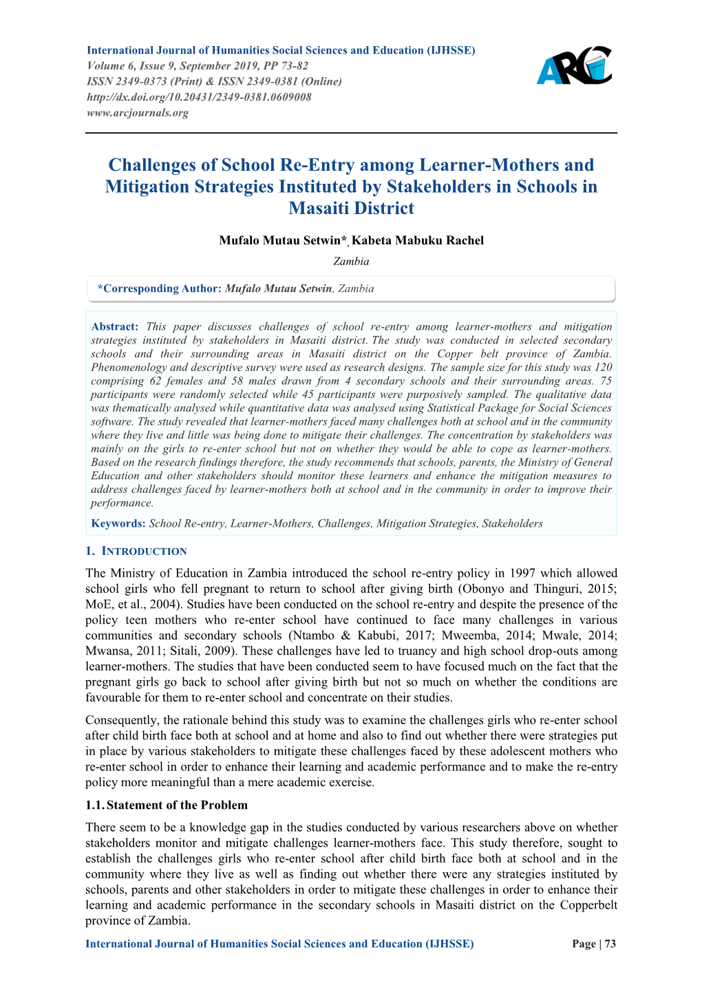 Challenges of School Re-Entry Among Learner-Mothers and Mitigation Strategies Instituted by Stakeholders in Schools in Masaiti District