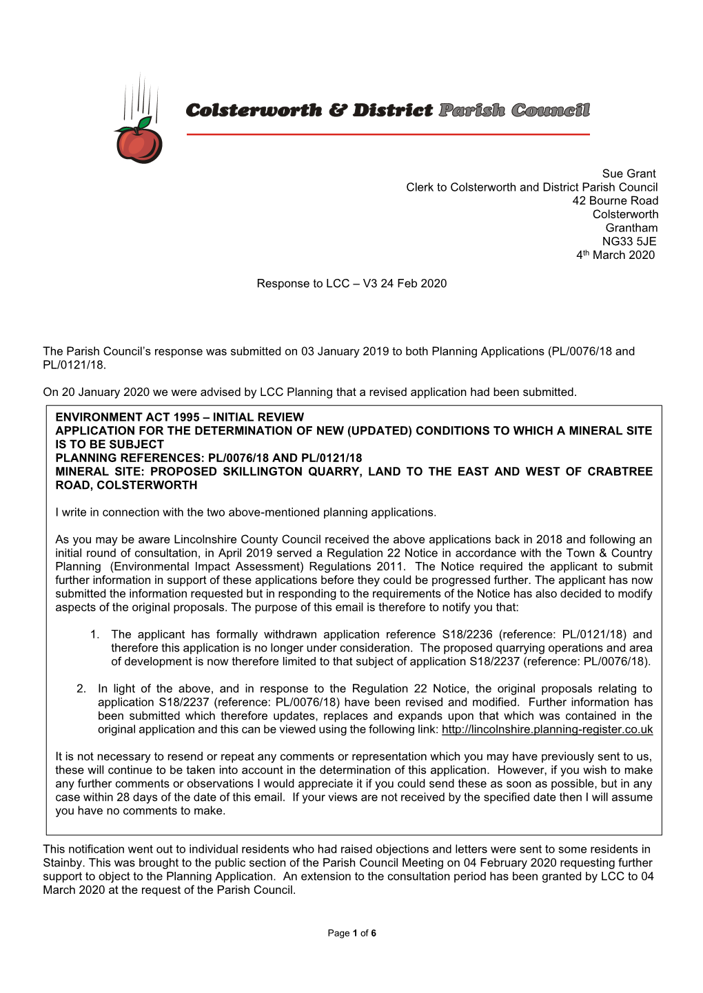 Sue Grant Clerk to Colsterworth and District Parish Council 42 Bourne Road Colsterworth Grantham NG33 5JE 4Th March 2020 Respons