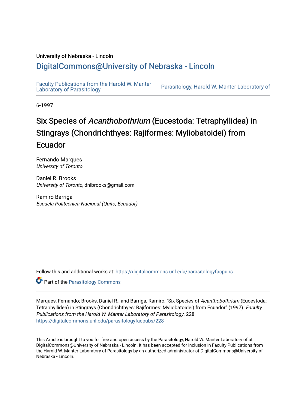 Eucestoda: Tetraphyllidea) in Stingrays (Chondrichthyes: Rajiformes: Myliobatoidei) from Ecuador