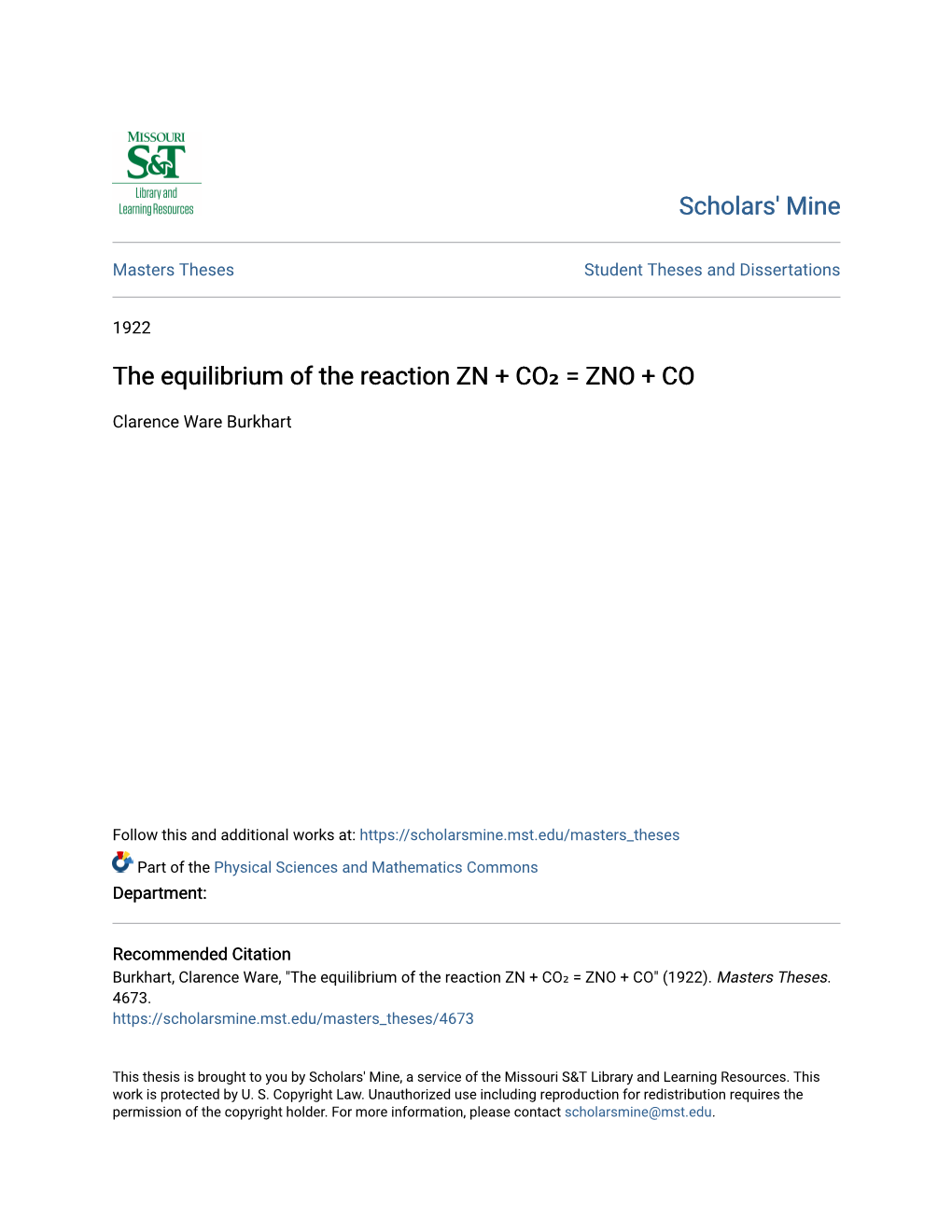 The Equilibrium of the Reaction ZN + CO₂ = ZNO + CO