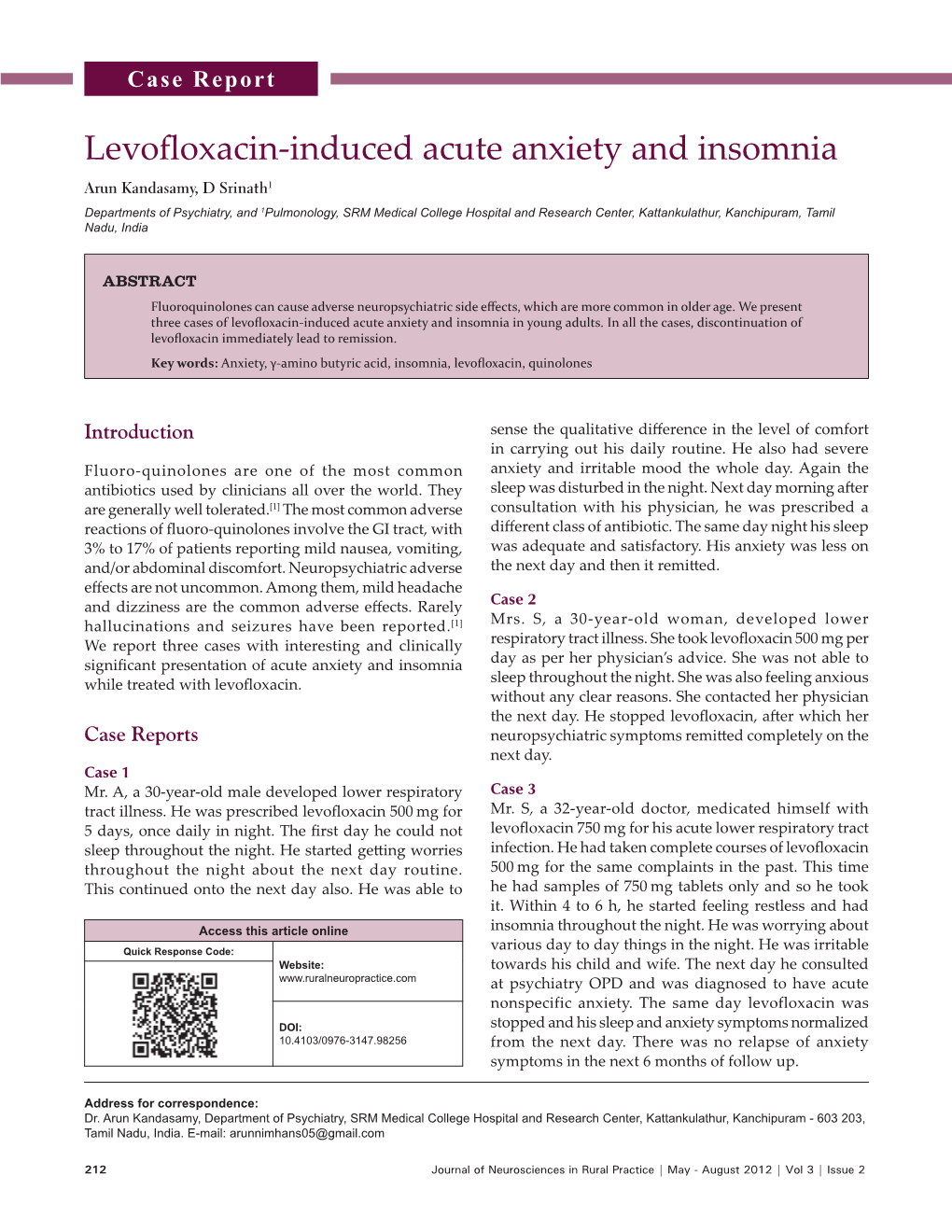 Levofloxacin-Induced Acute Anxiety and Insomnia