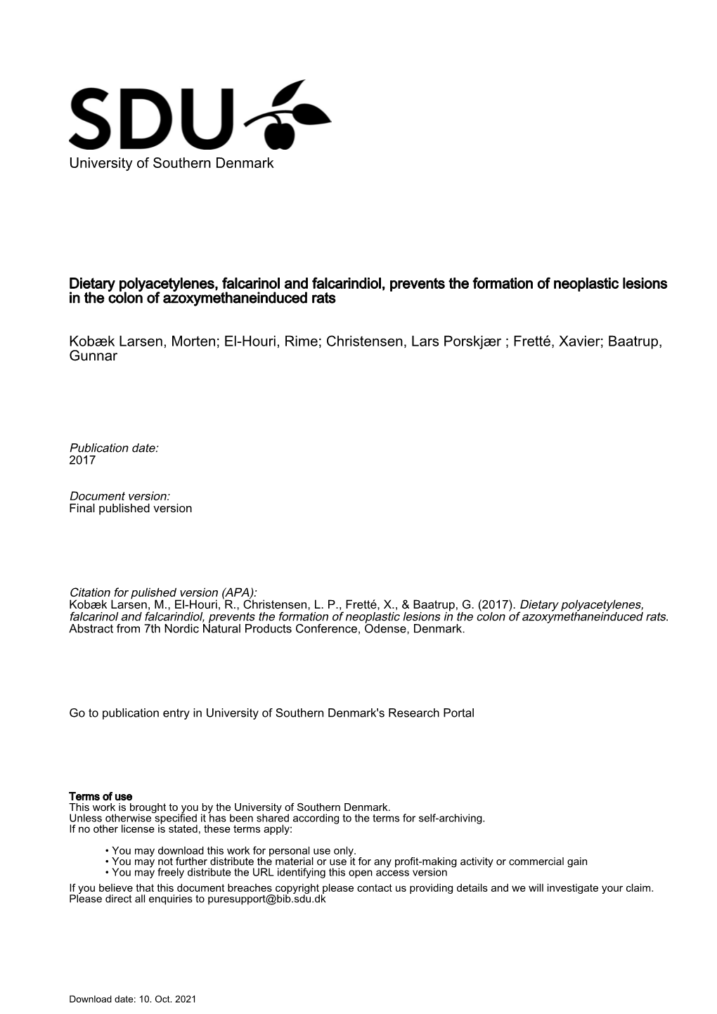 University of Southern Denmark Dietary Polyacetylenes, Falcarinol