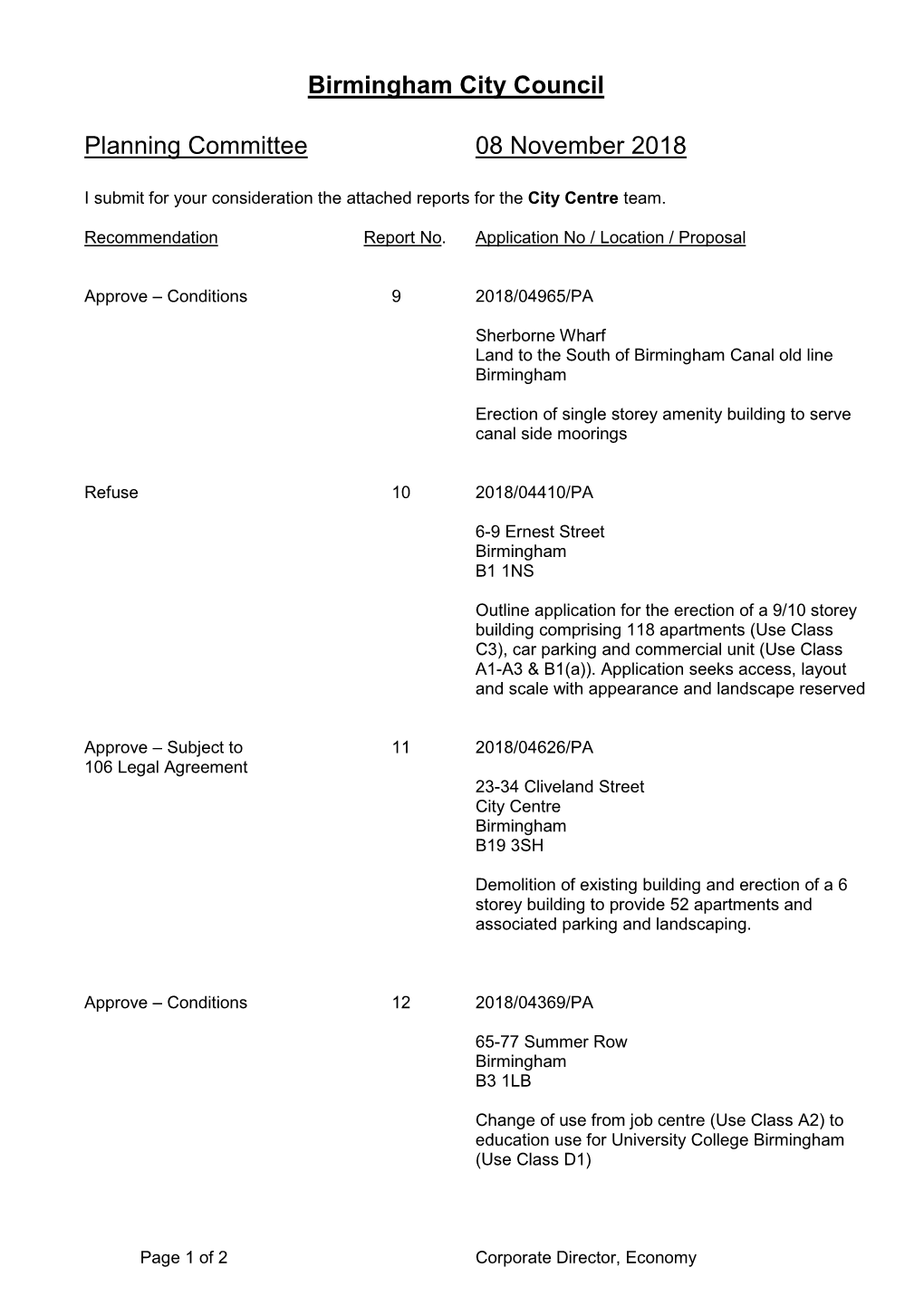 Birmingham City Council Planning Committee 08 November 2018