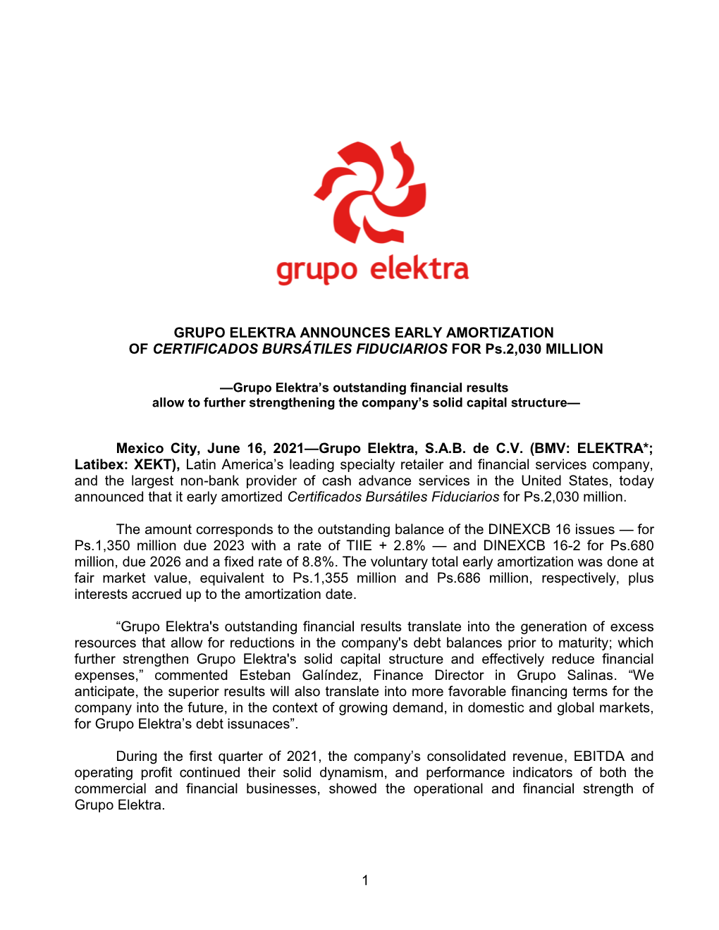 1 Grupo Elektra Announces Early Amortization