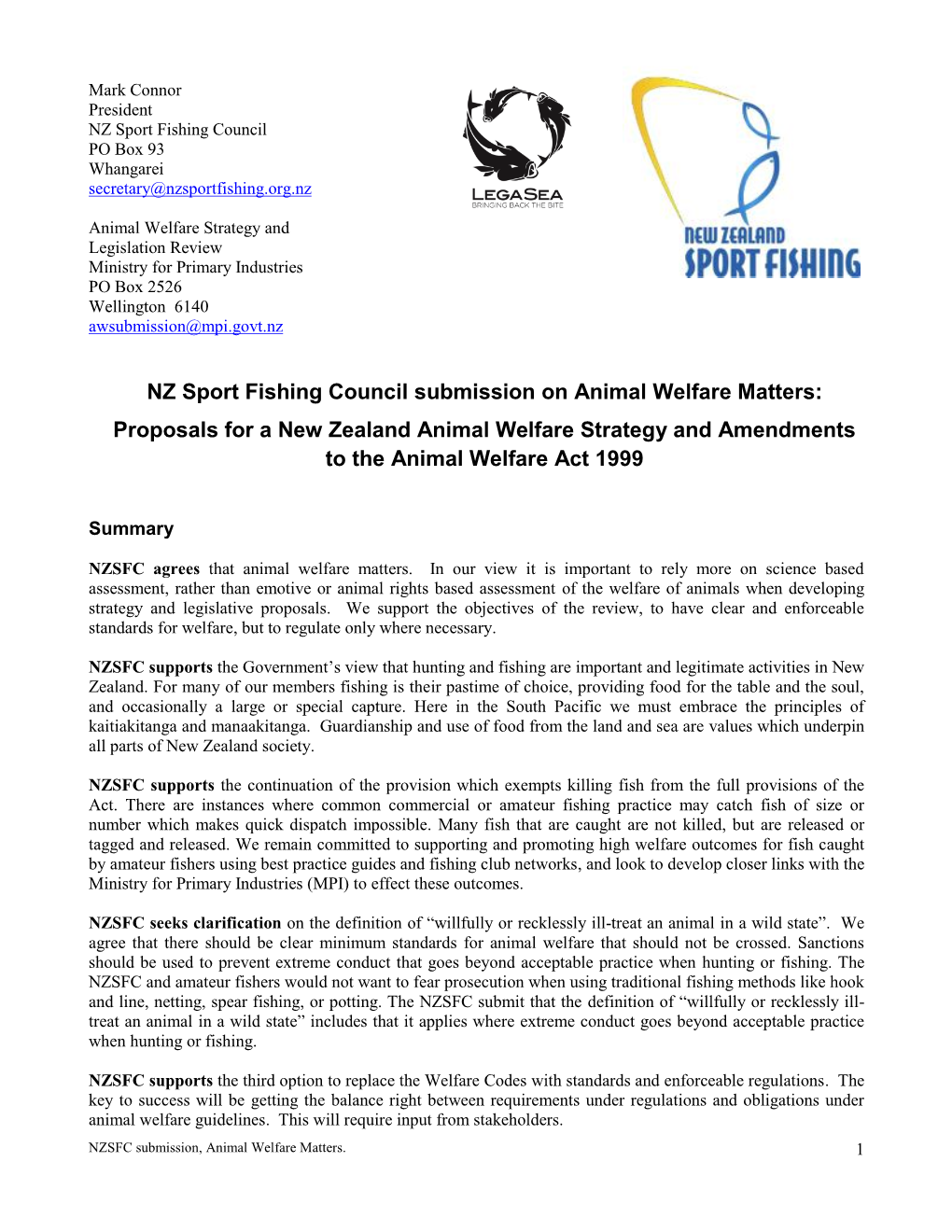 New Zealand Sport Fishing Council Submission on Animal Welfare