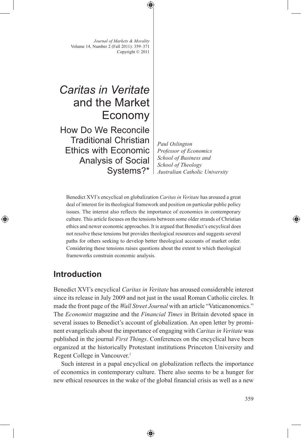 Caritas in Veritate and the Market Economy How Do We Reconcile