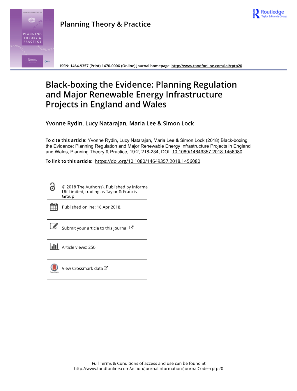 Black-Boxing the Evidence: Planning Regulation and Major Renewable Energy Infrastructure Projects in England and Wales