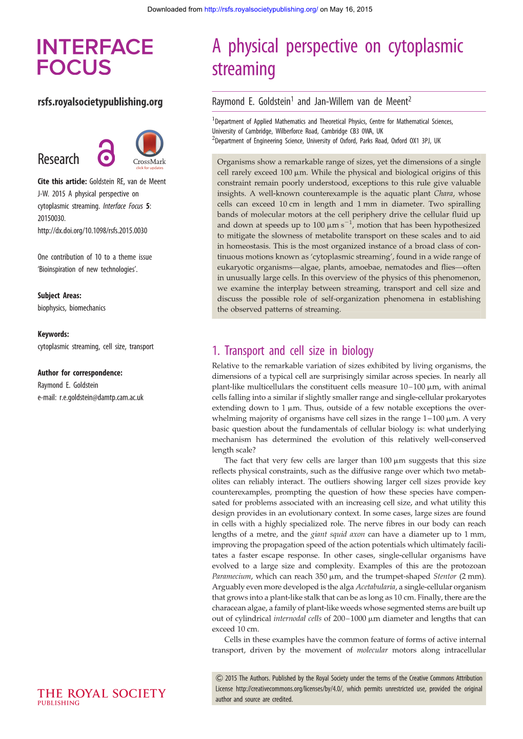 A Physical Perspective on Cytoplasmic Streaming Rsfs.Royalsocietypublishing.Org Raymond E