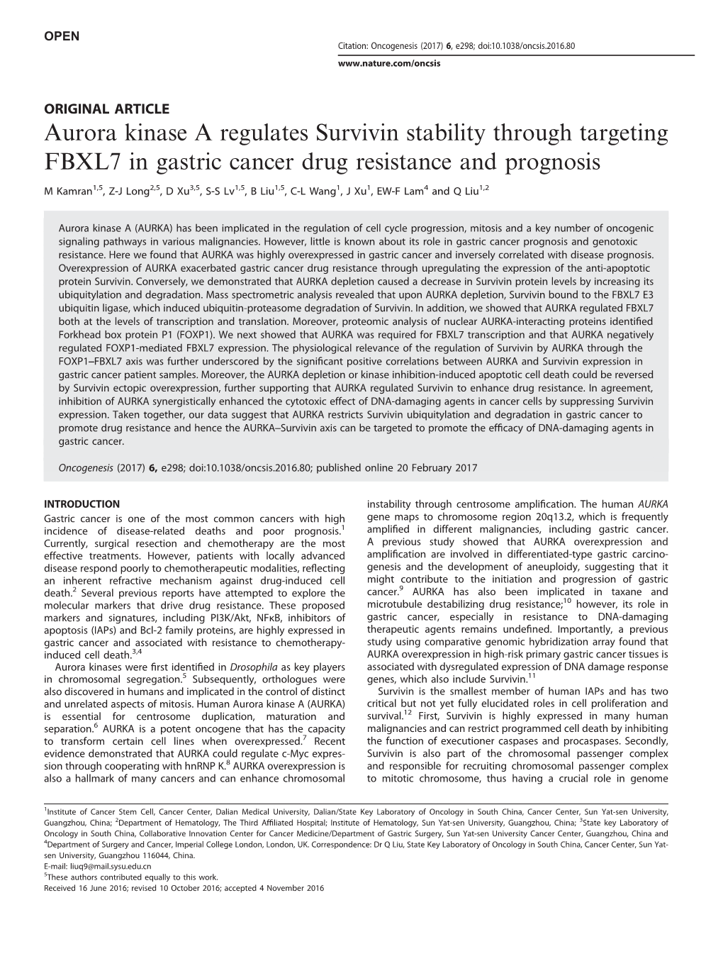 Aurora Kinase a Regulates Survivin Stability Through Targeting FBXL7 in Gastric Cancer Drug Resistance and Prognosis