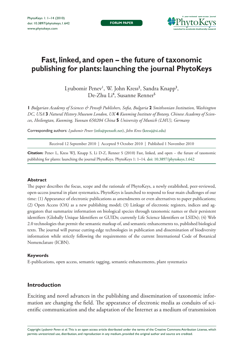 The Future of Taxonomic Publishing for Plants: Launching the Journal Phytokeys