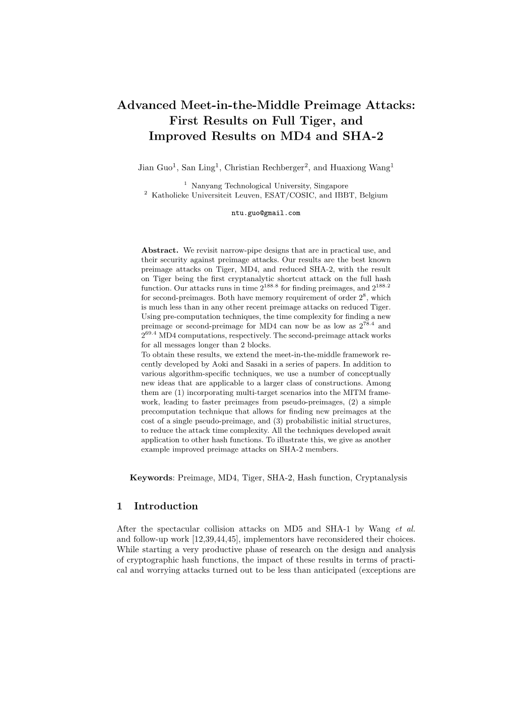 Advanced Meet-In-The-Middle Preimage Attacks: First Results on Full Tiger, and Improved Results on MD4 and SHA-2