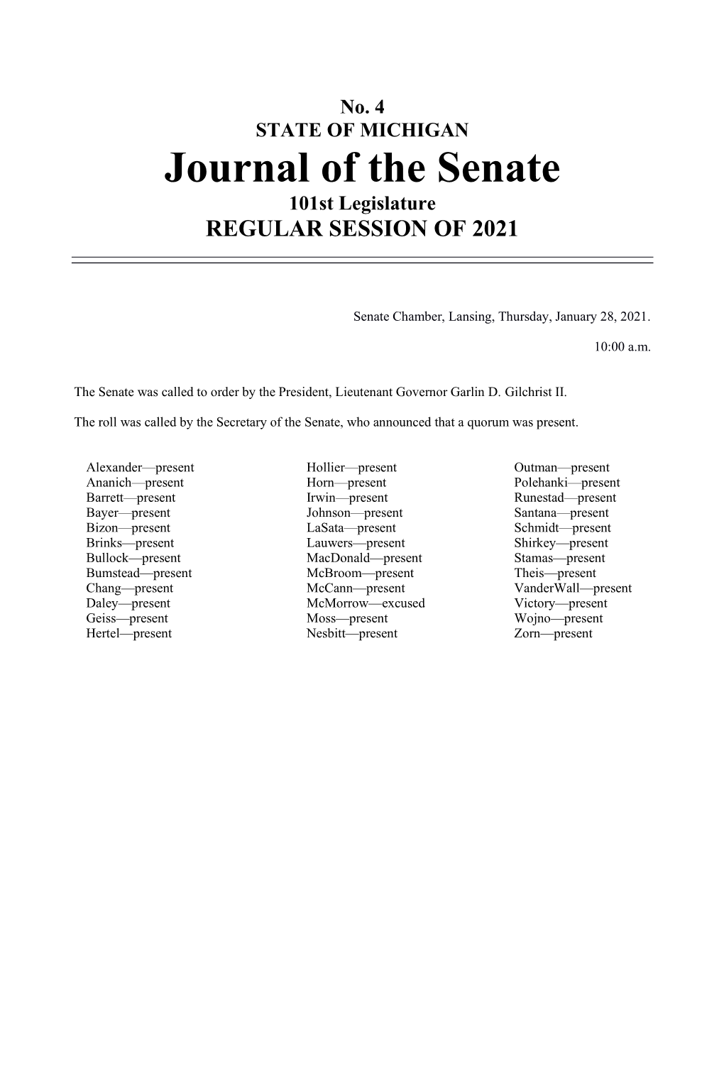 Journal of the Senate 101St Legislature REGULAR SESSION of 2021