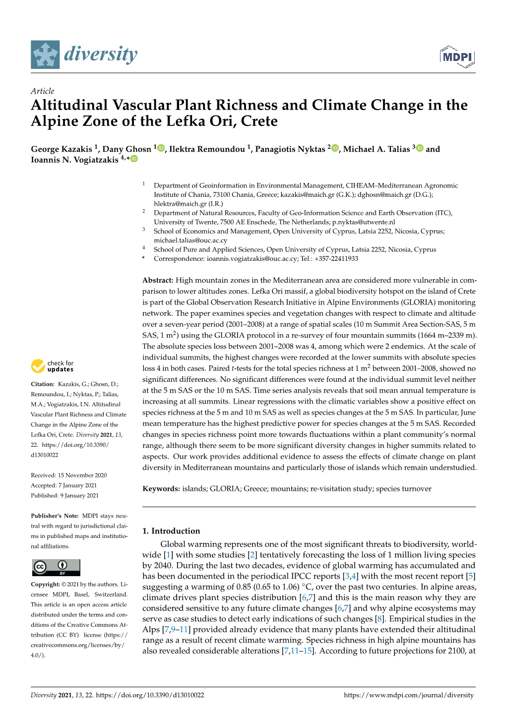 Altitudinal Vascular Plant Richness and Climate Change in the Alpine Zone of the Lefka Ori, Crete