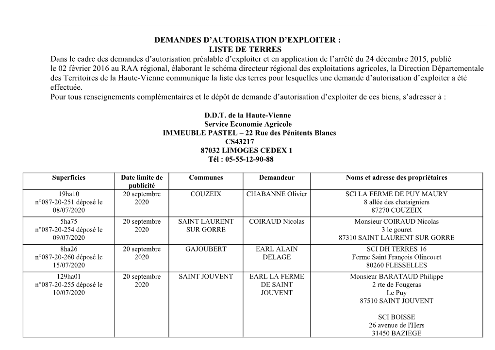 Demandes D'autorisation D'exploiter