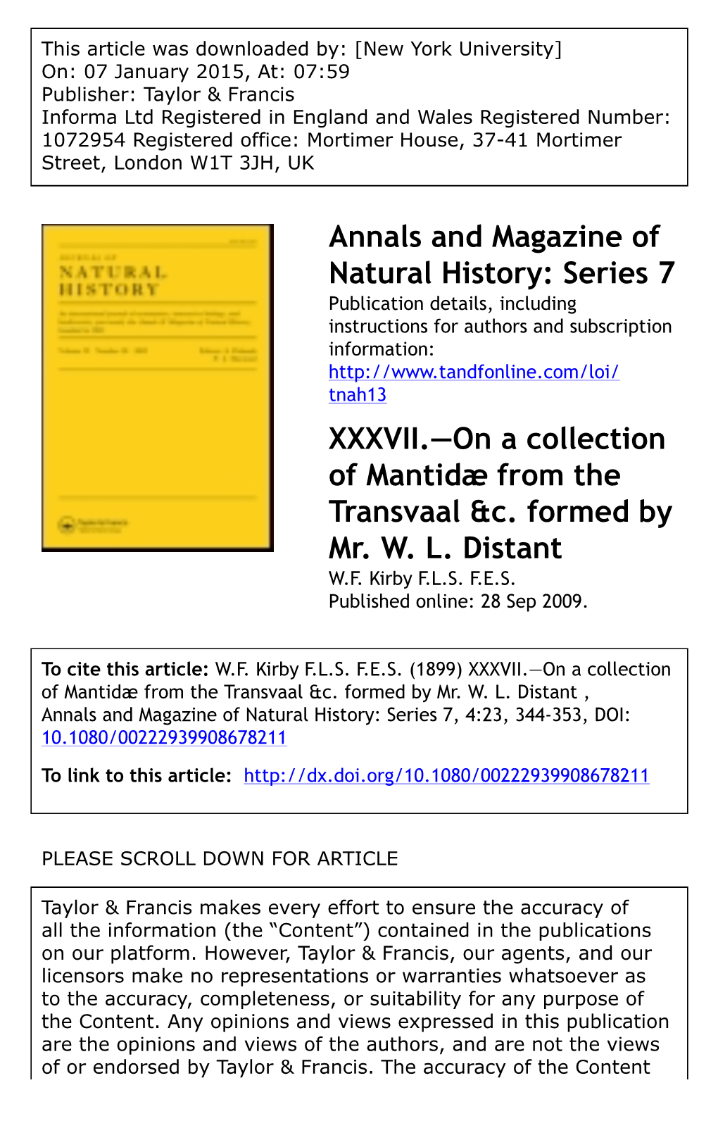 Series 7 XXXVII.—On a Collection of Mantidæ from The