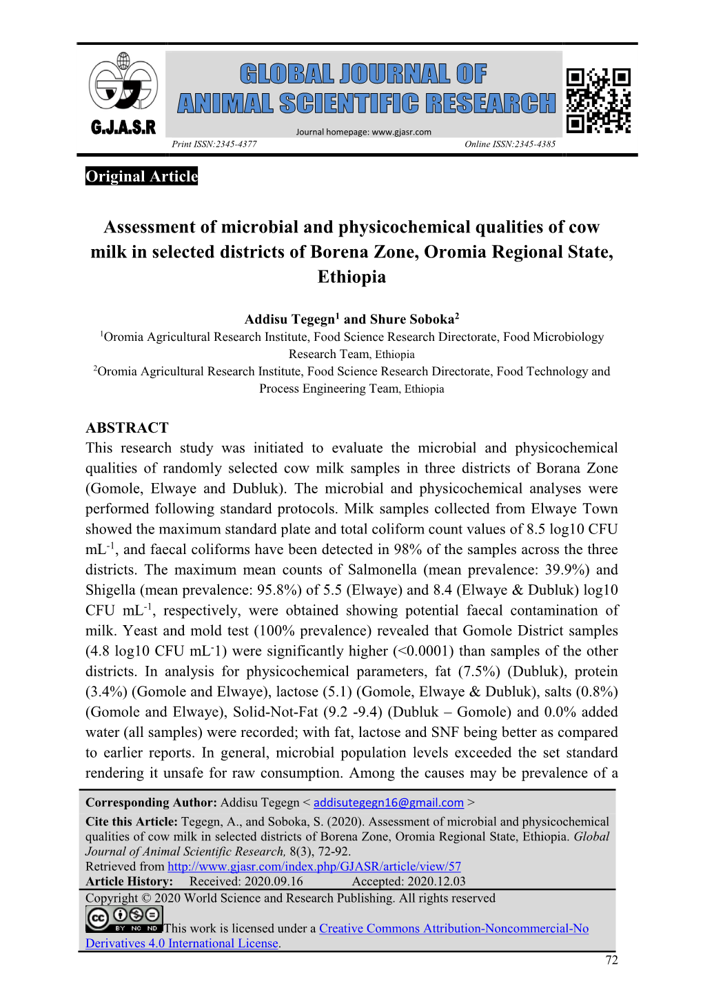 Assessment of Microbial and Physicochemical Qualities of Cow Milk in Selected Districts of Borena Zone, Oromia Regional State, Ethiopia