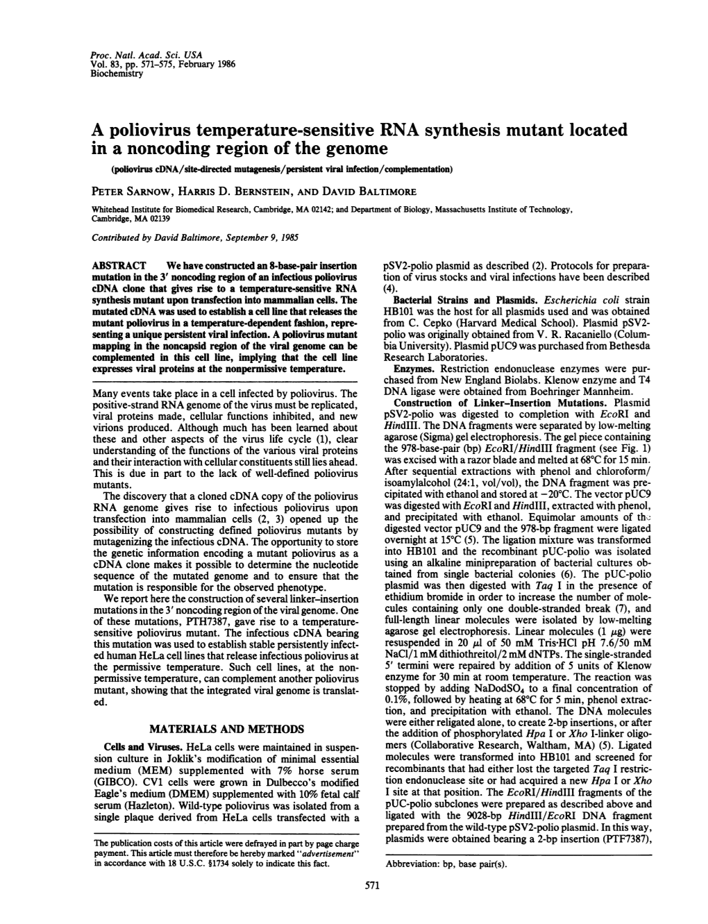 A Poliovirus Temperature-Sensitive RNA Synthesis Mutant Located in A