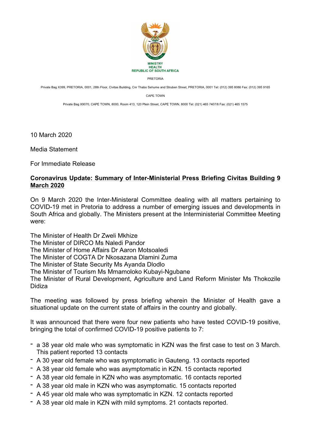 Coronavirus Update: Summary of Inter-Ministerial Press Briefing Civitas Building 9 March 2020