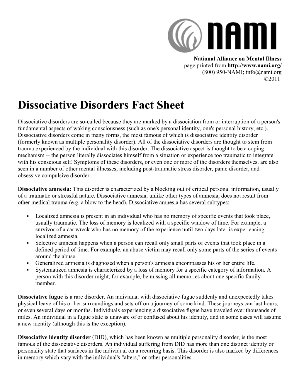 Dissociative Disorders Fact Sheet