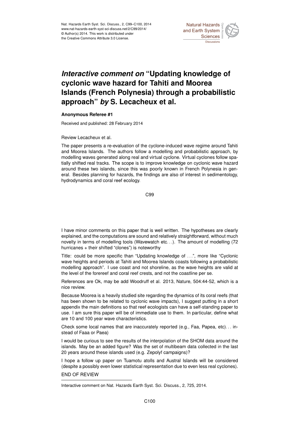 Updating Knowledge of Cyclonic Wave Hazard for Tahiti and Moorea Islands (French Polynesia) Through a Probabilistic Approach” by S