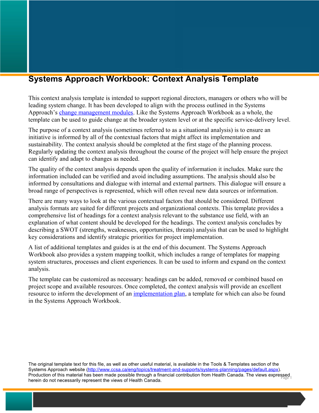 Systems Approach Workbook: Context Analysis Template