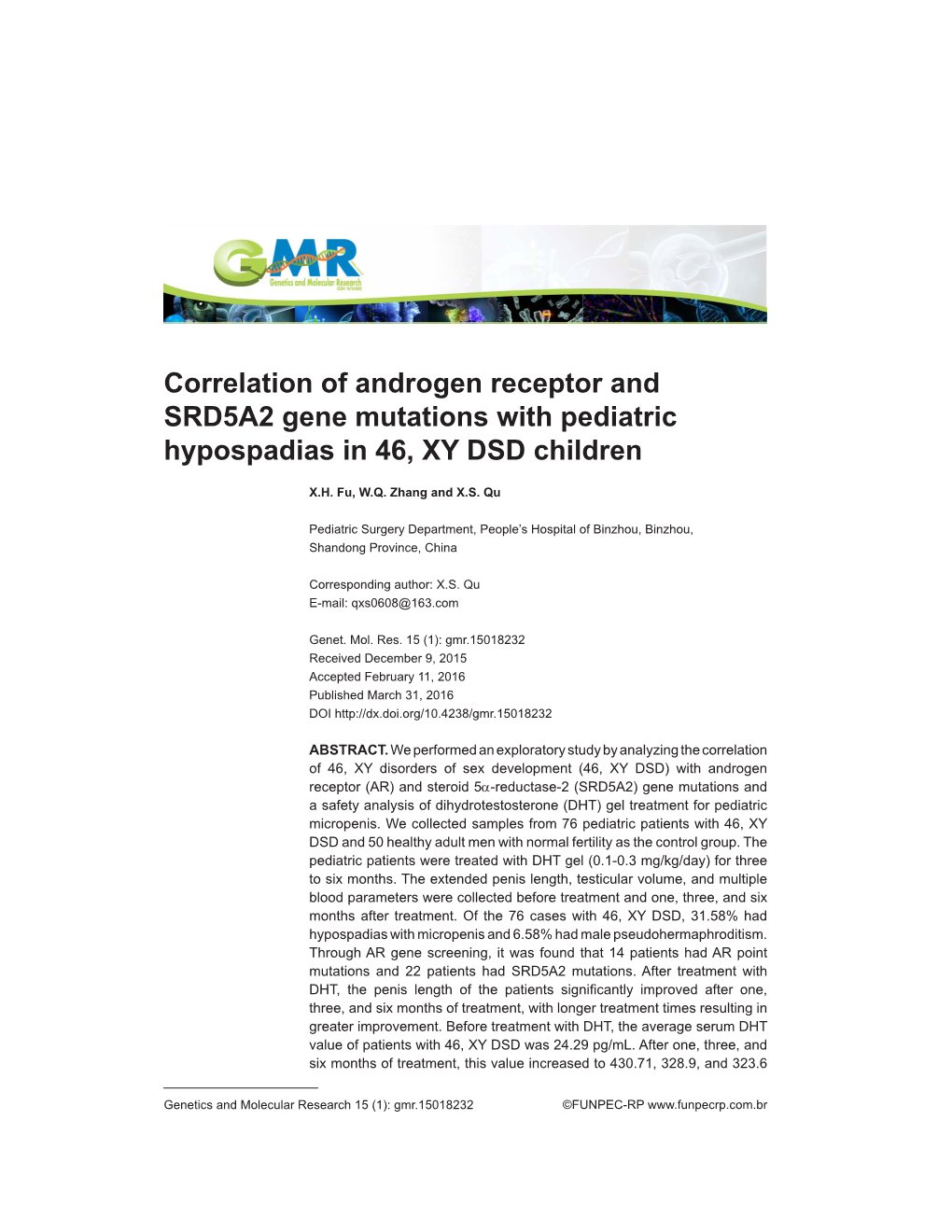 Correlation of Androgen Receptor and SRD5A2 Gene Mutations with Pediatric Hypospadias in 46, XY DSD Children